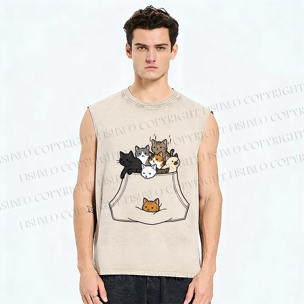 Unisex Cats With Pockets Full Printed Washed Tank Top