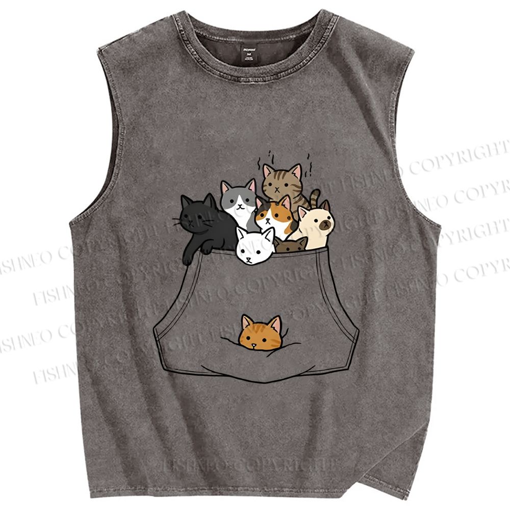 Unisex Cats With Pockets Full Printed Washed Tank Top