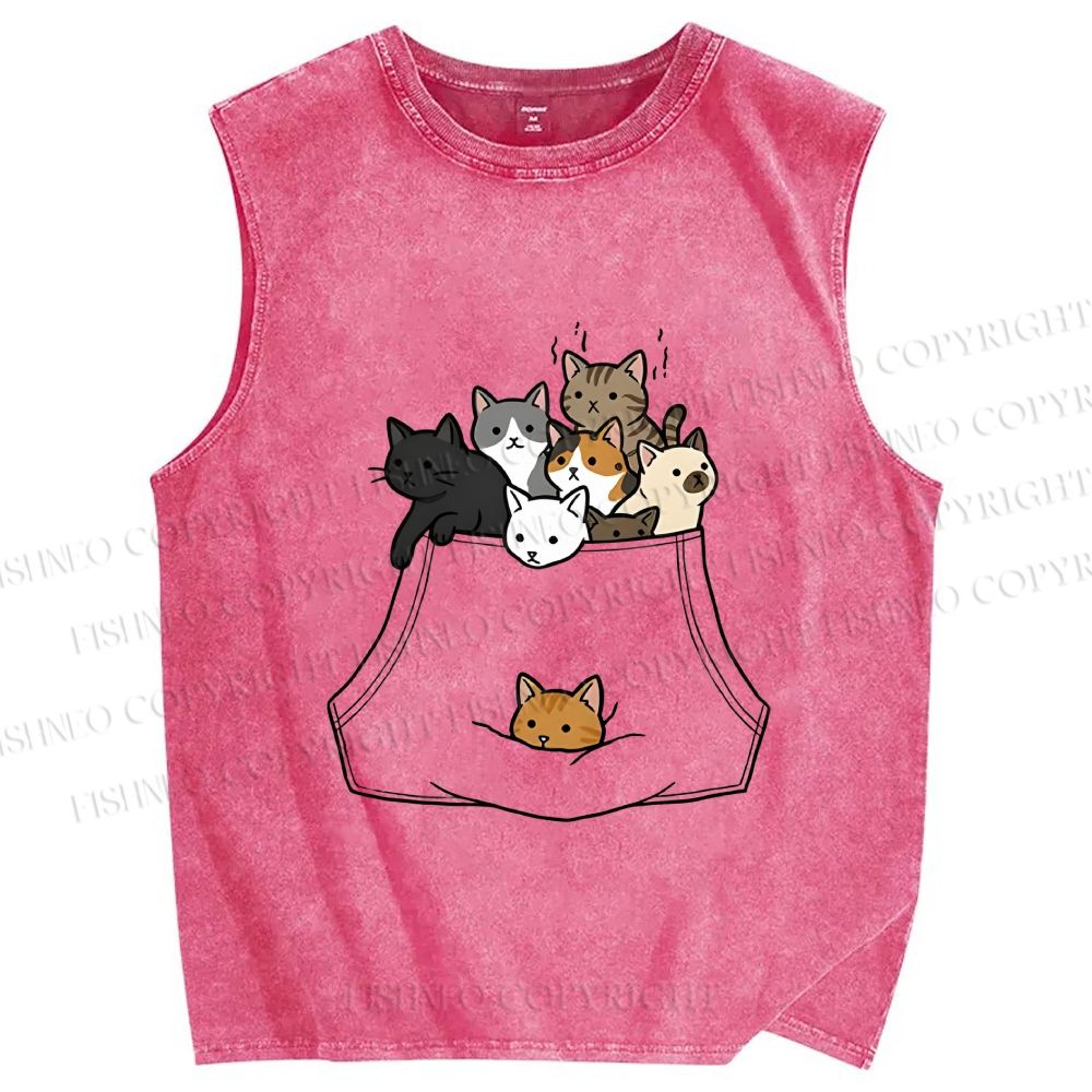 Unisex Cats With Pockets Full Printed Washed Tank Top