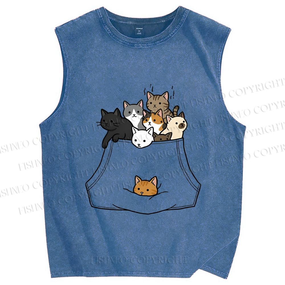 Unisex Cats With Pockets Full Printed Washed Tank Top