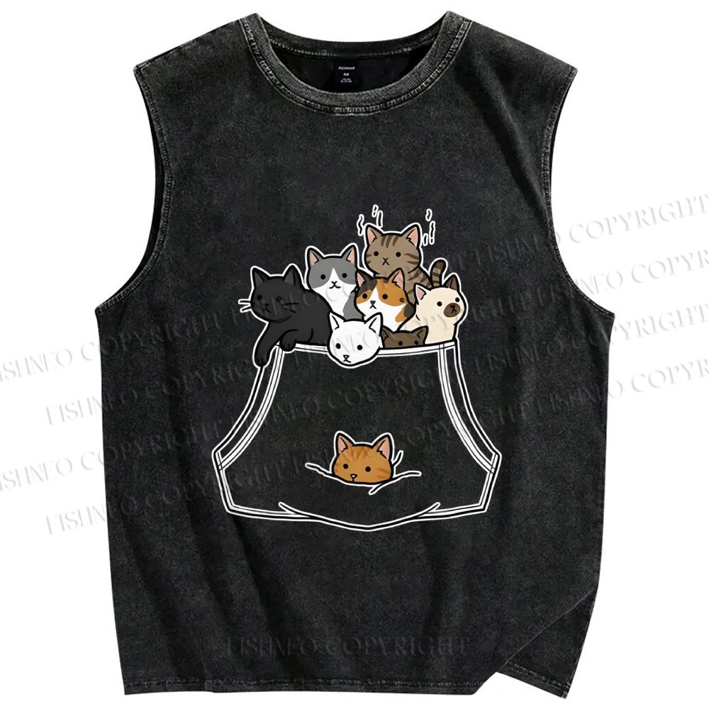 Unisex Cats With Pockets Full Printed Washed Tank Top