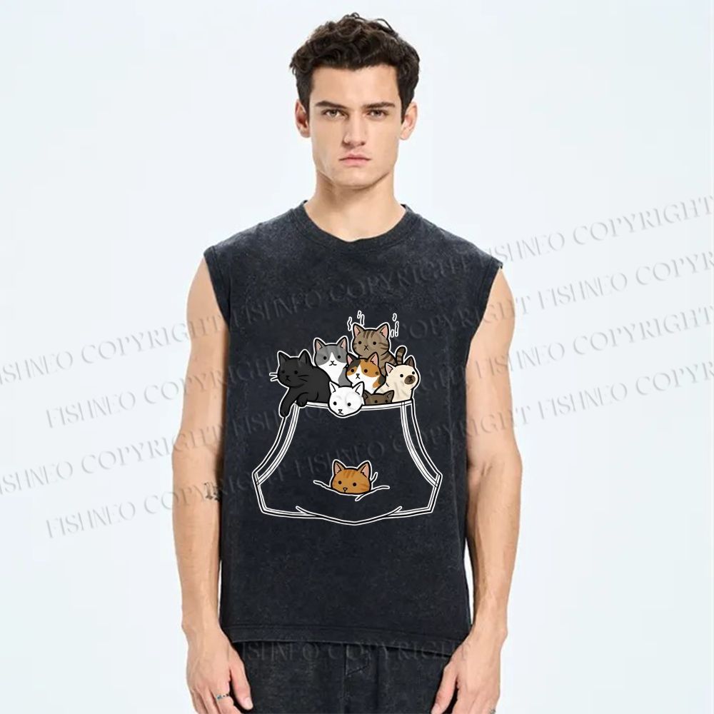 Unisex Cats With Pockets Full Printed Washed Tank Top
