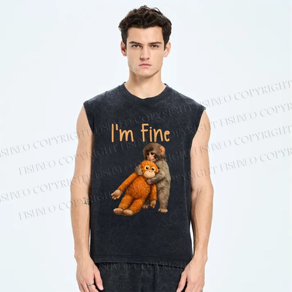 Unisex I'm Fine Baby Monkey Punch Printed Washed Tank Top