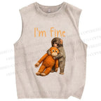 Unisex I'm Fine Baby Monkey Punch Printed Washed Tank Top