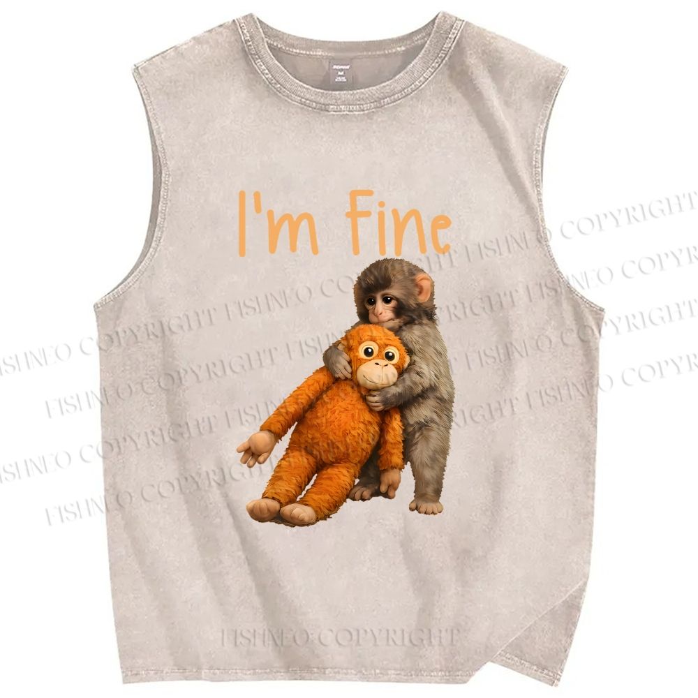 Unisex I'm Fine Baby Monkey Punch Printed Washed Tank Top