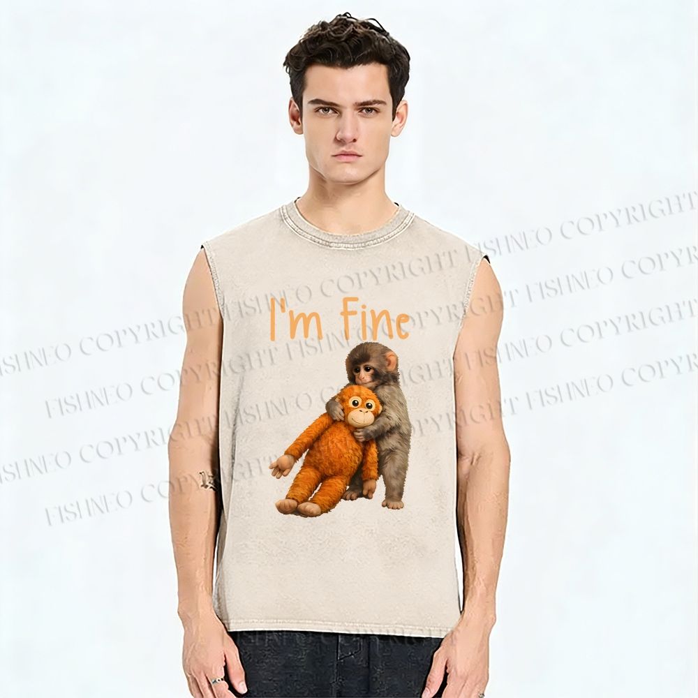 Unisex I'm Fine Baby Monkey Punch Printed Washed Tank Top