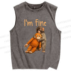 Unisex I'm Fine Baby Monkey Punch Printed Washed Tank Top