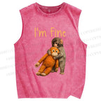 Unisex I'm Fine Baby Monkey Punch Printed Washed Tank Top