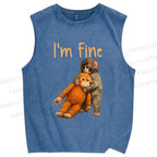 Unisex I'm Fine Baby Monkey Punch Printed Washed Tank Top