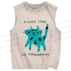 Unisex Blue Cat Printed Washed Tank Top