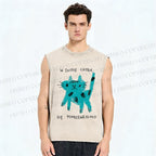 Unisex Blue Cat Printed Washed Tank Top