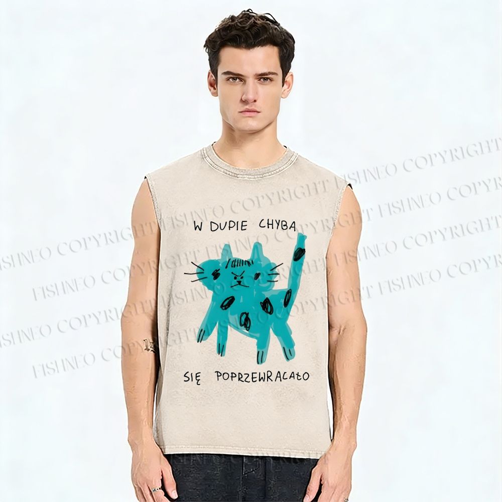 Unisex Blue Cat Printed Washed Tank Top