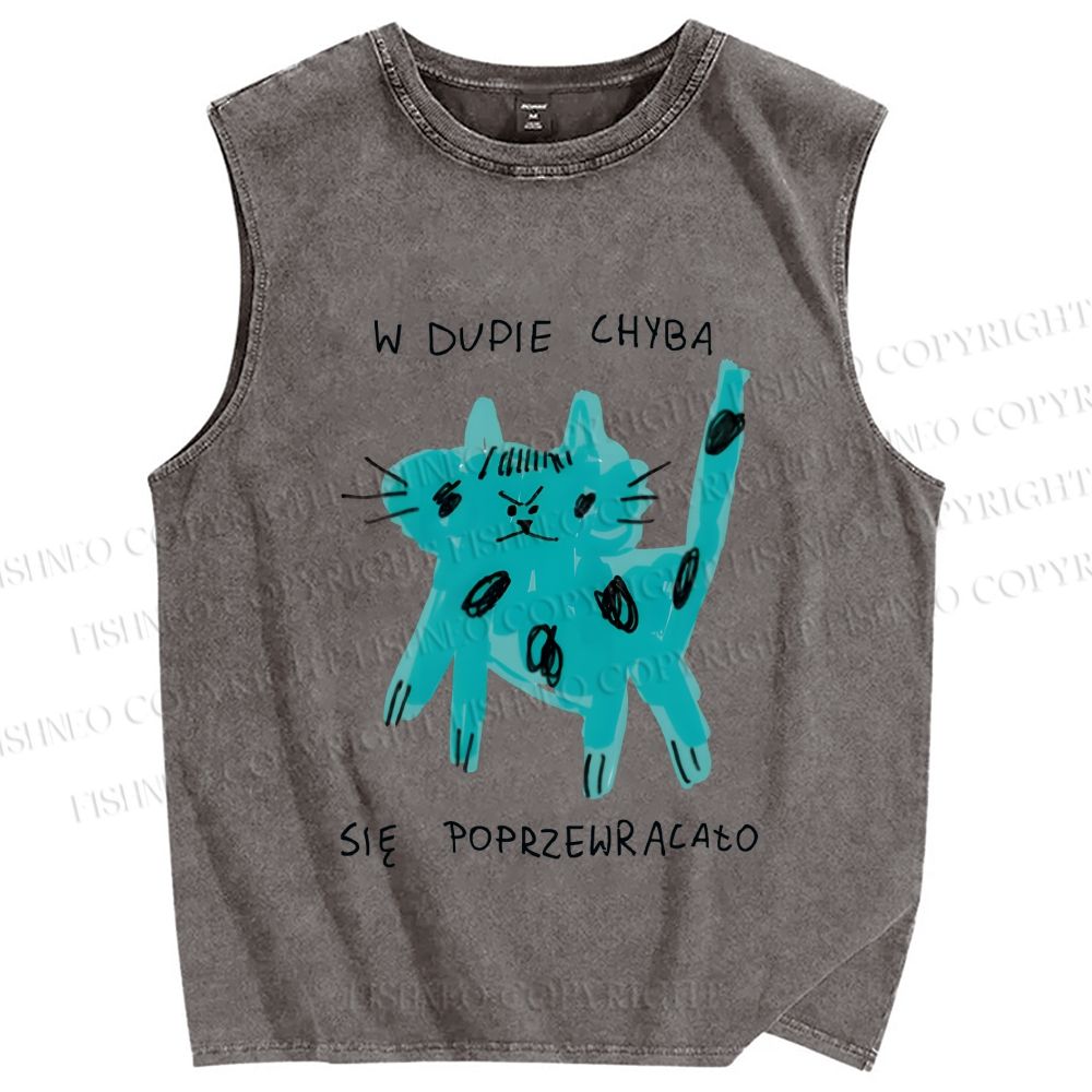 Unisex Blue Cat Printed Washed Tank Top