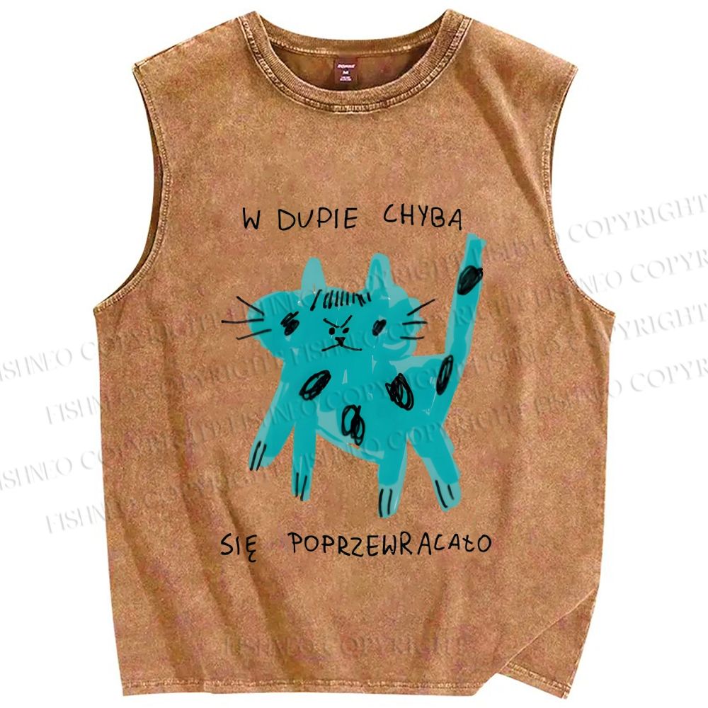 Unisex Blue Cat Printed Washed Tank Top