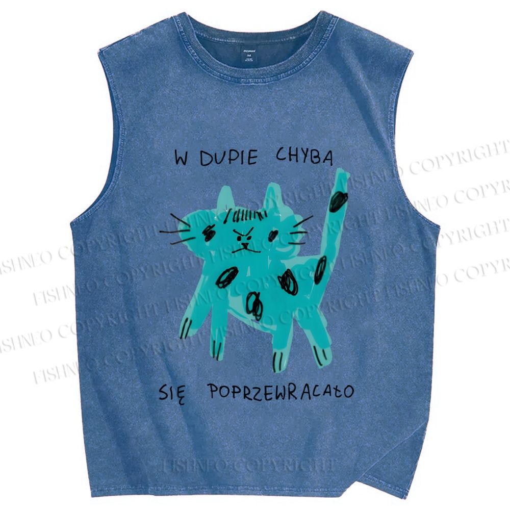 Unisex Blue Cat Printed Washed Tank Top
