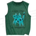 Unisex Blue Cat Printed Washed Tank Top