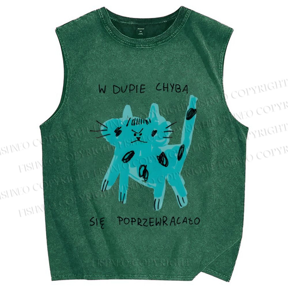 Unisex Blue Cat Printed Washed Tank Top