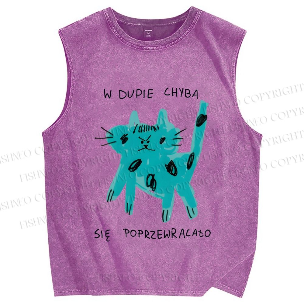 Unisex Blue Cat Printed Washed Tank Top