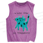 Unisex Blue Cat Printed Washed Tank Top
