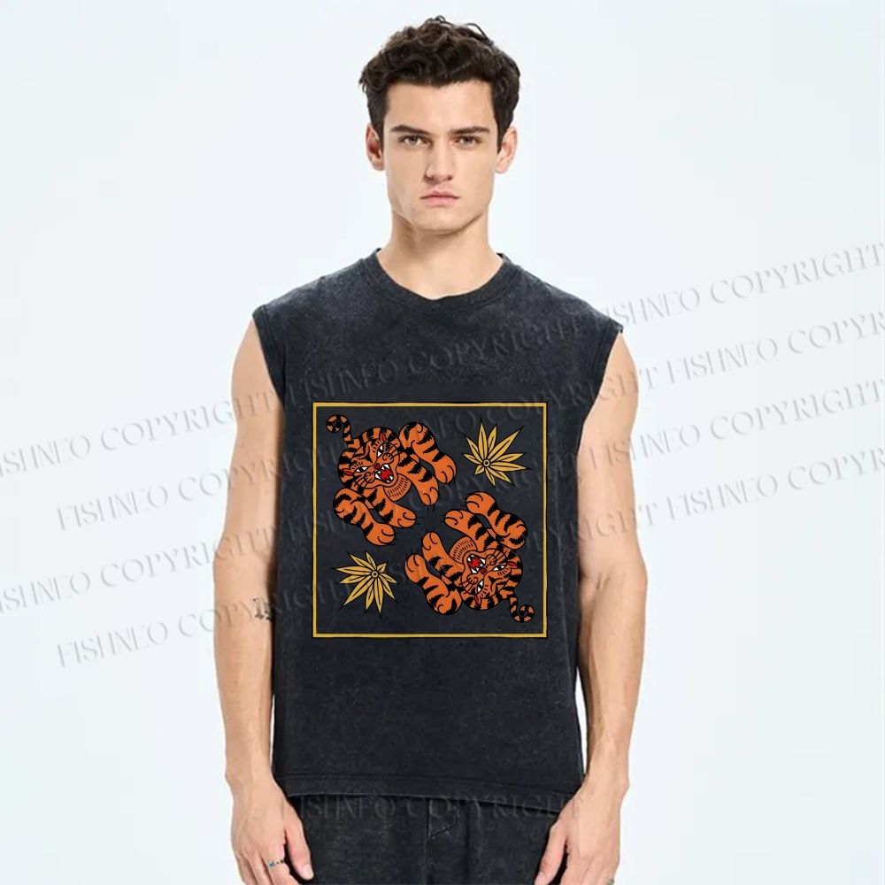 Unisex Two Funny Tigers Printed Washed Tank Top