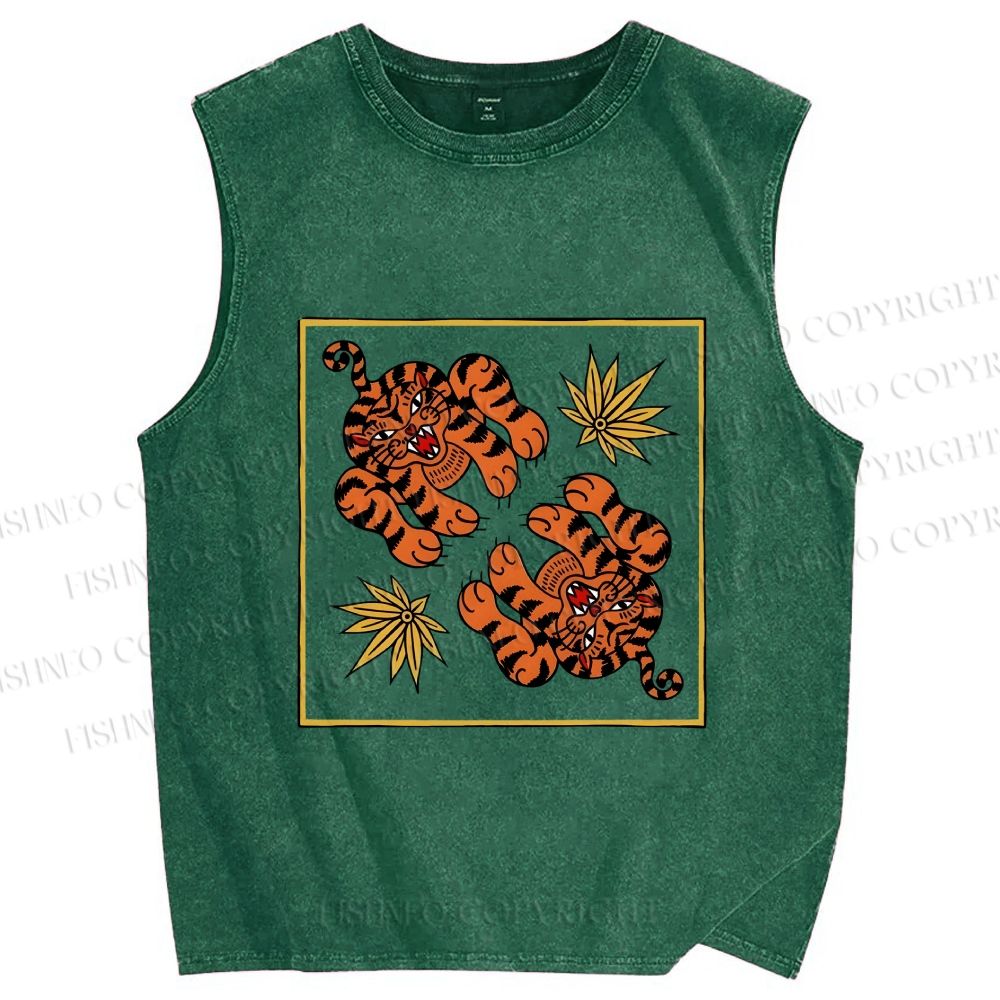 Unisex Two Funny Tigers Printed Washed Tank Top