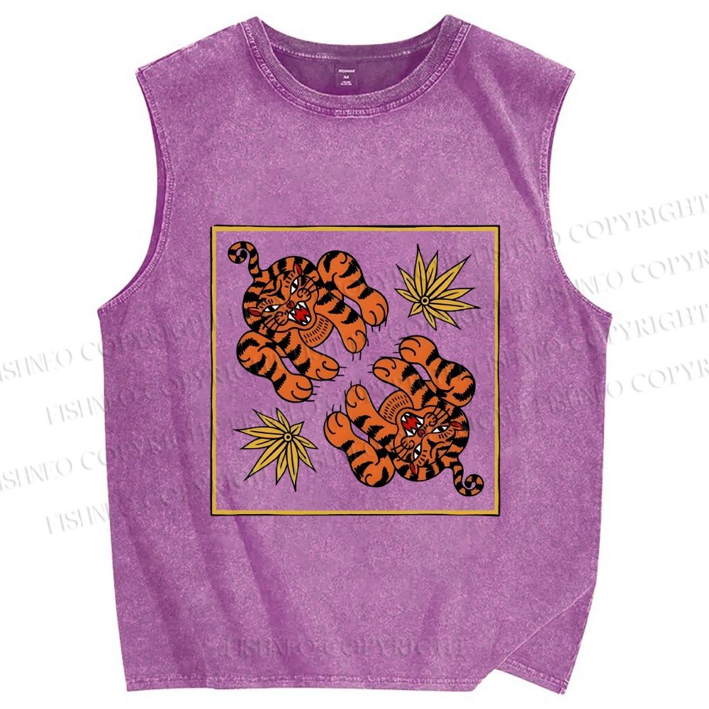 Unisex Two Funny Tigers Printed Washed Tank Top