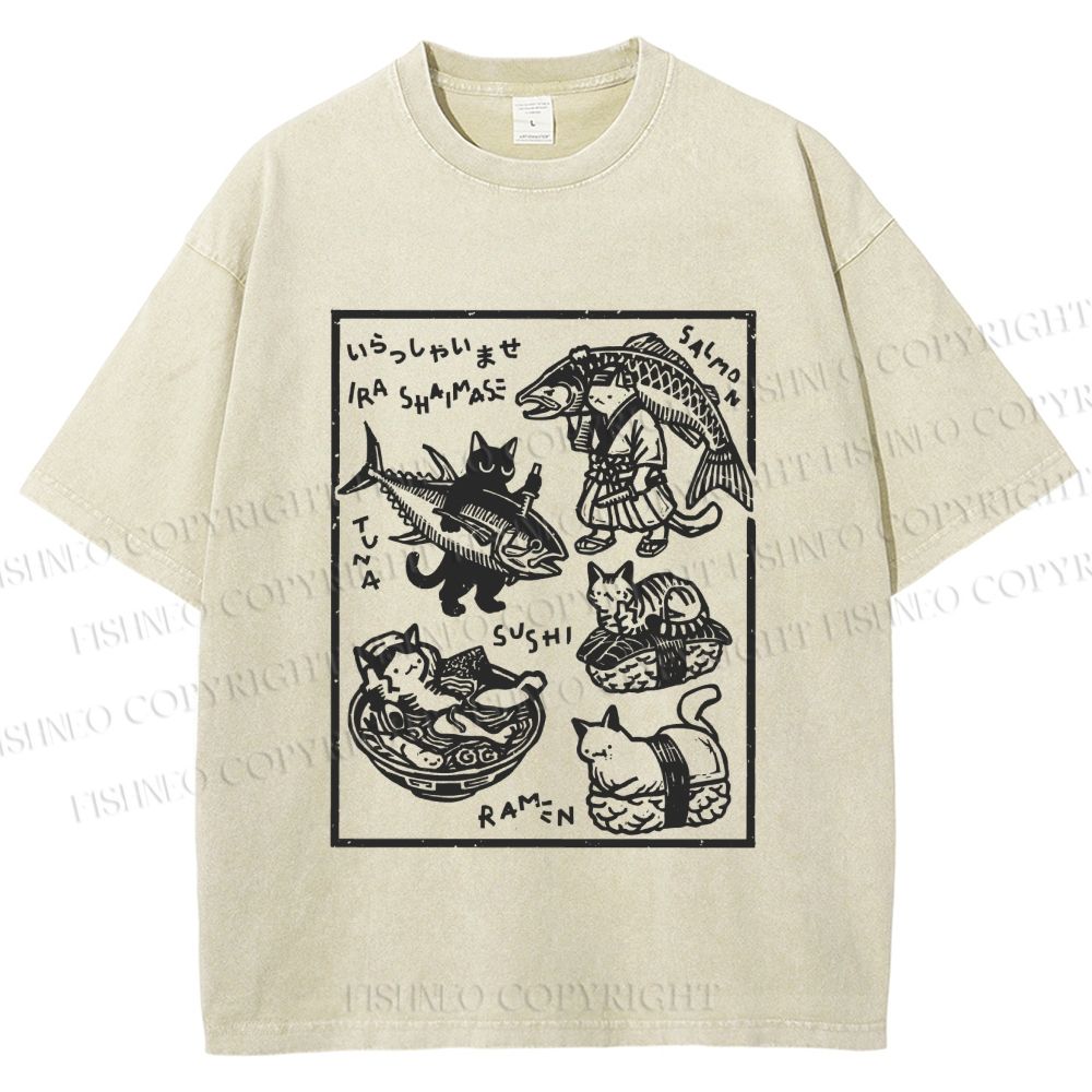 Unisex Japanese Vintage Cats Printed Washed Tee