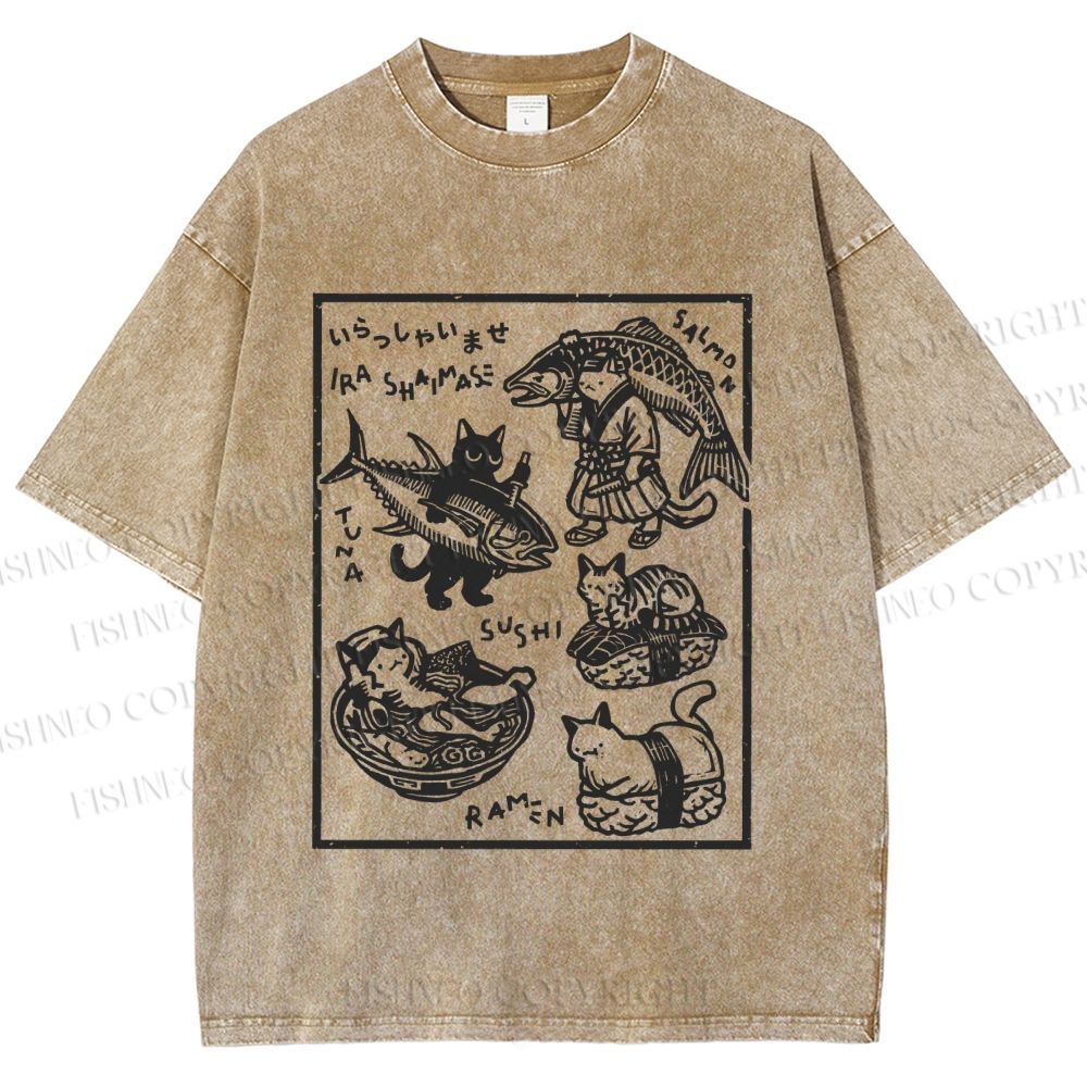 Unisex Japanese Vintage Cats Printed Washed Tee