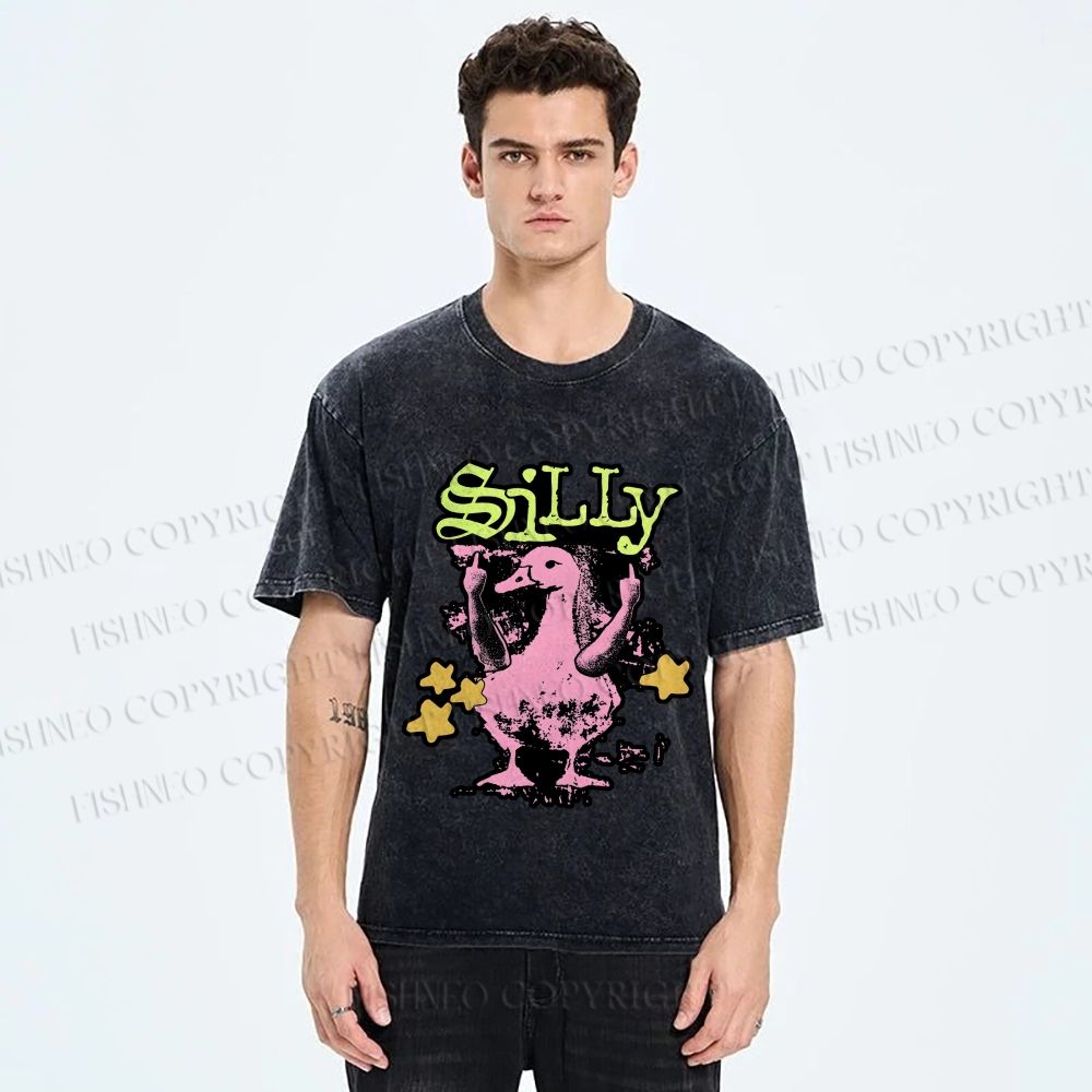 Unisex Vintage Silly Duck Printed Washed Tee