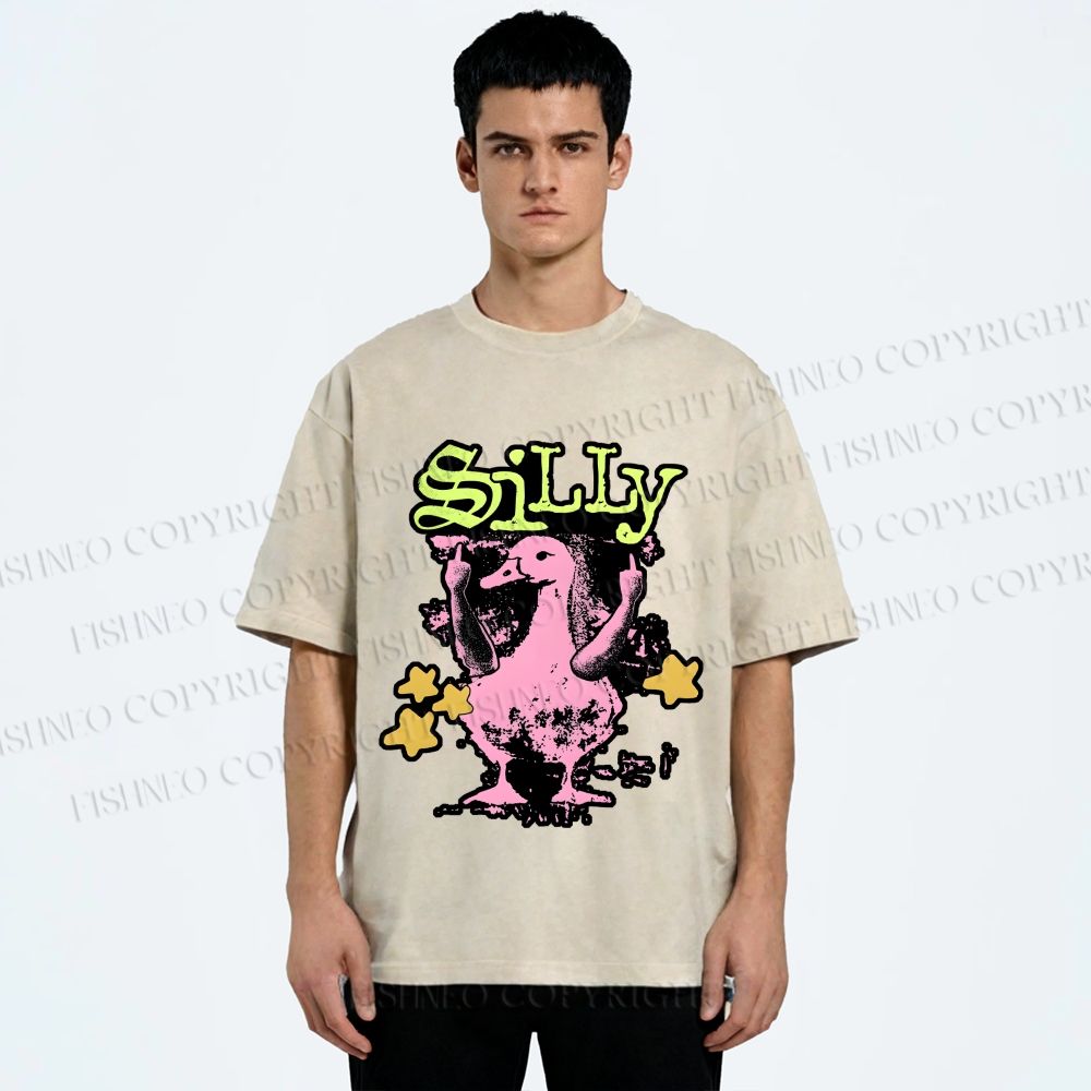 Unisex Vintage Silly Duck Printed Washed Tee