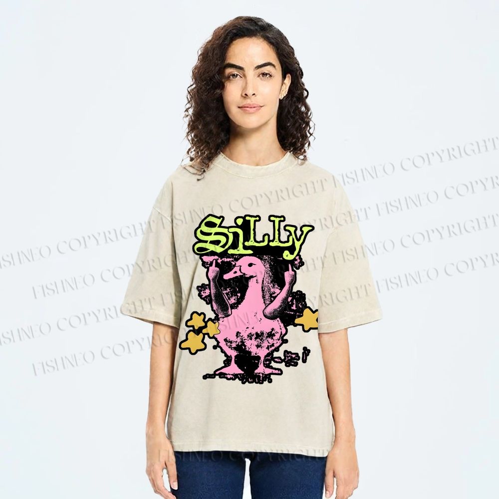 Unisex Vintage Silly Duck Printed Washed Tee
