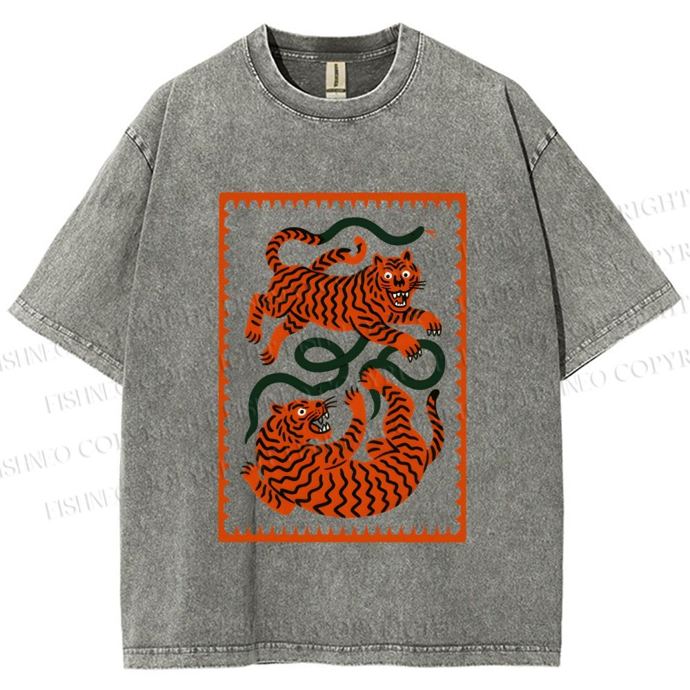 Unisex Silly Tiger Printed Washed Tee