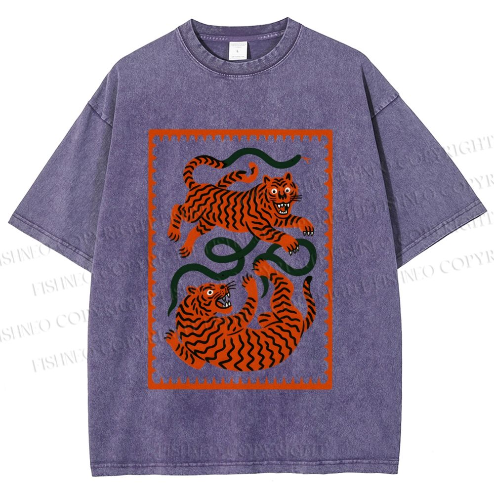 Unisex Silly Tiger Printed Washed Tee