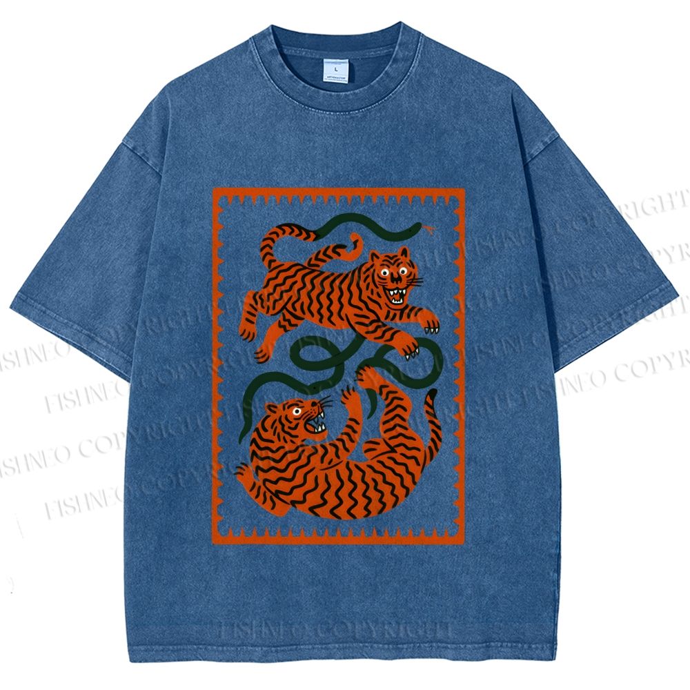 Unisex Silly Tiger Printed Washed Tee