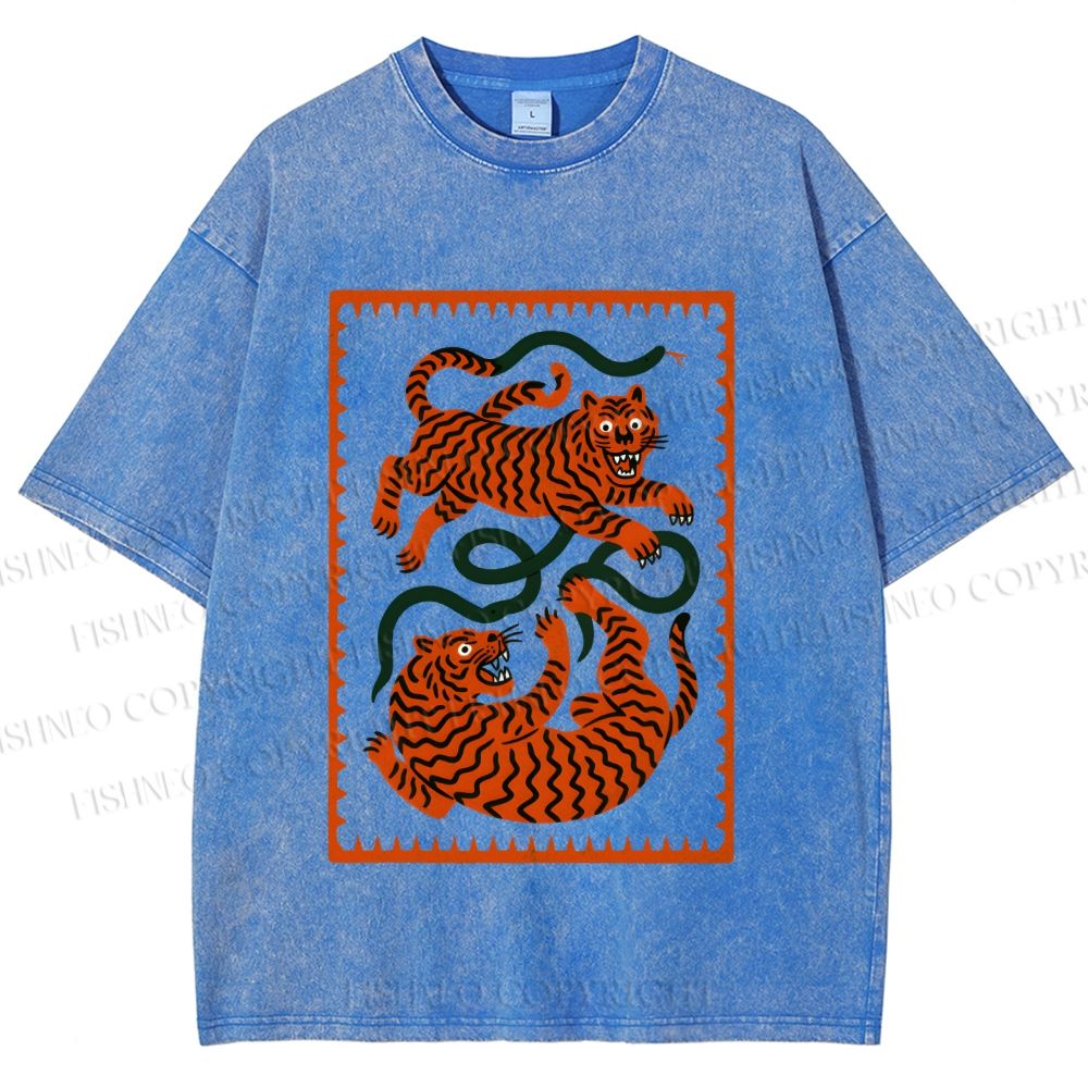 Unisex Silly Tiger Printed Washed Tee