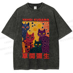 Unisex Yayoi Kusama Multicolor Cats With Dots Printed Washed Tee