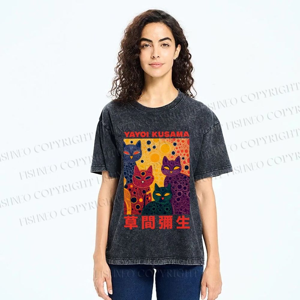 Unisex Yayoi Kusama Multicolor Cats With Dots Printed Washed Tee