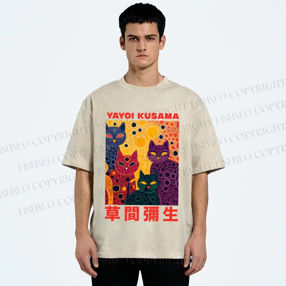 Unisex Yayoi Kusama Multicolor Cats With Dots Printed Washed Tee
