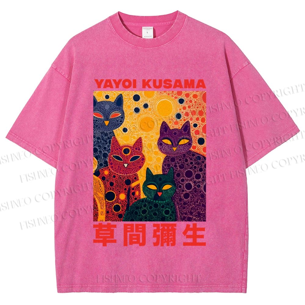 Unisex Yayoi Kusama Multicolor Cats With Dots Printed Washed Tee