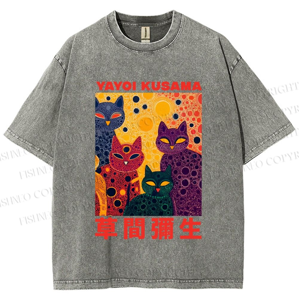 Unisex Yayoi Kusama Multicolor Cats With Dots Printed Washed Tee