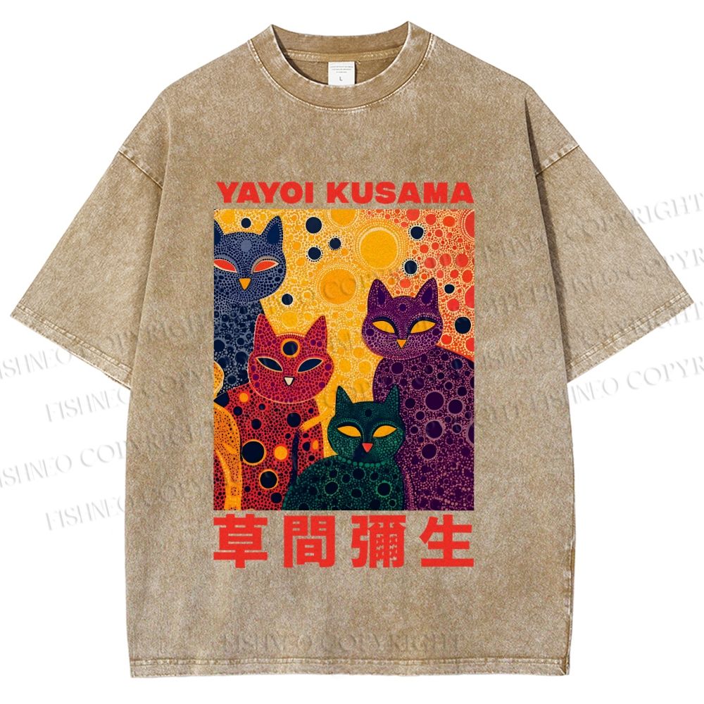 Unisex Yayoi Kusama Multicolor Cats With Dots Printed Washed Tee