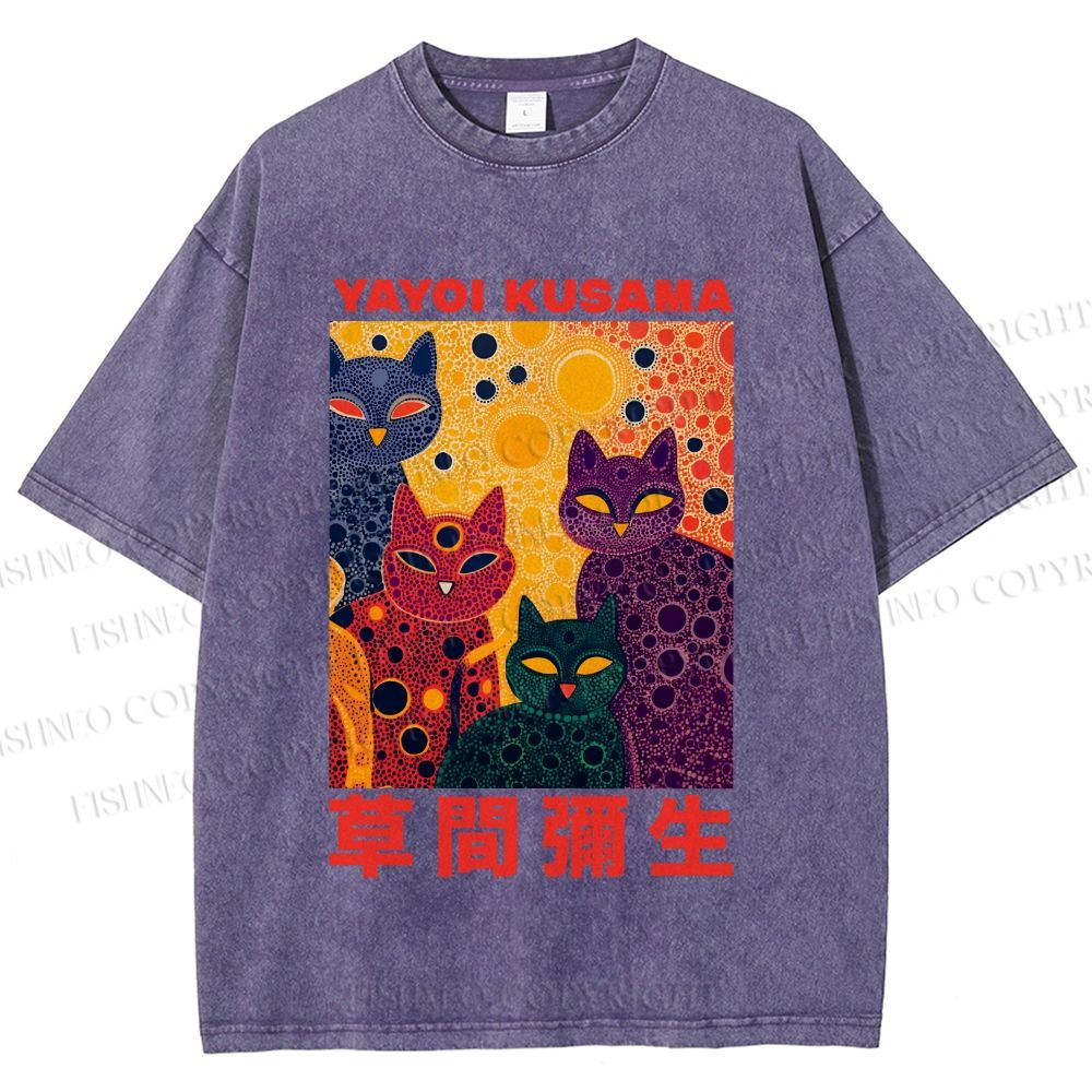 Unisex Yayoi Kusama Multicolor Cats With Dots Printed Washed Tee
