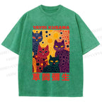 Unisex Yayoi Kusama Multicolor Cats With Dots Printed Washed Tee