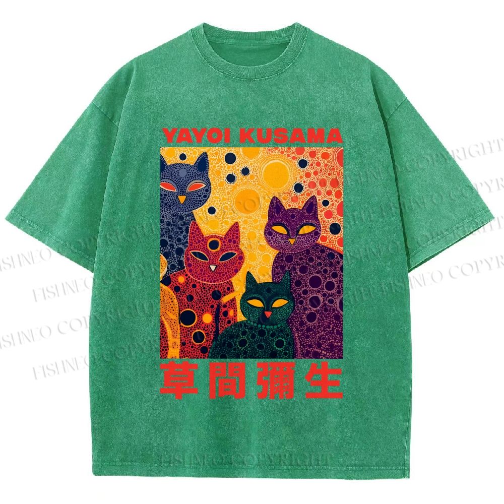 Unisex Yayoi Kusama Multicolor Cats With Dots Printed Washed Tee