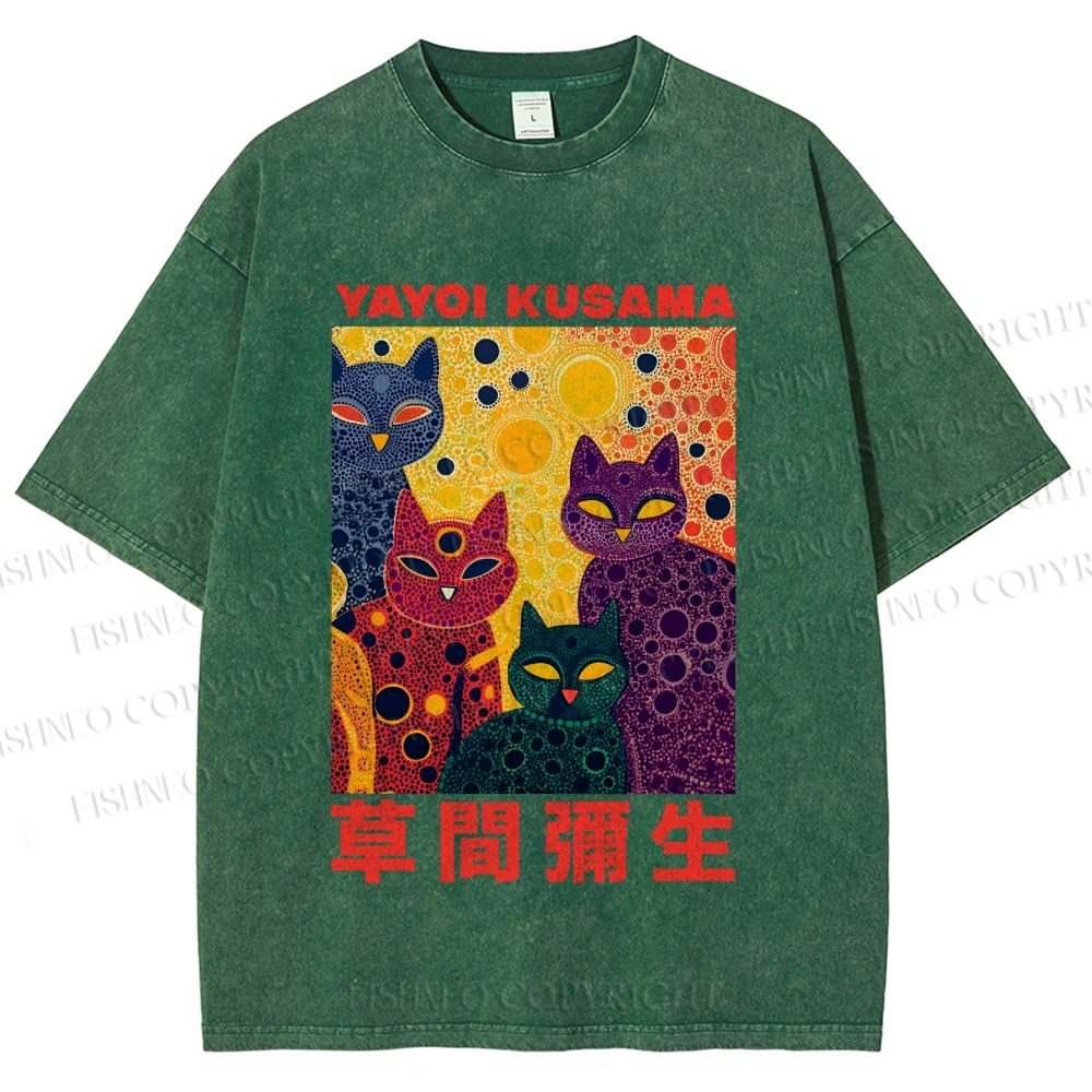Unisex Yayoi Kusama Multicolor Cats With Dots Printed Washed Tee