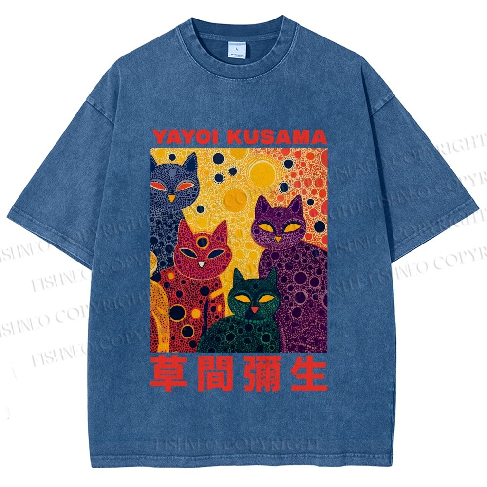 Unisex Yayoi Kusama Multicolor Cats With Dots Printed Washed Tee