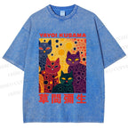 Unisex Yayoi Kusama Multicolor Cats With Dots Printed Washed Tee