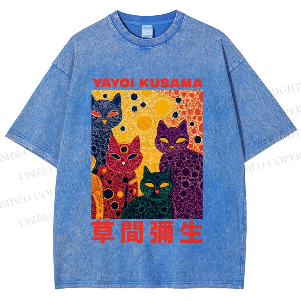 Unisex Yayoi Kusama Multicolor Cats With Dots Printed Washed Tee