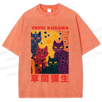 Unisex Yayoi Kusama Multicolor Cats With Dots Printed Washed Tee