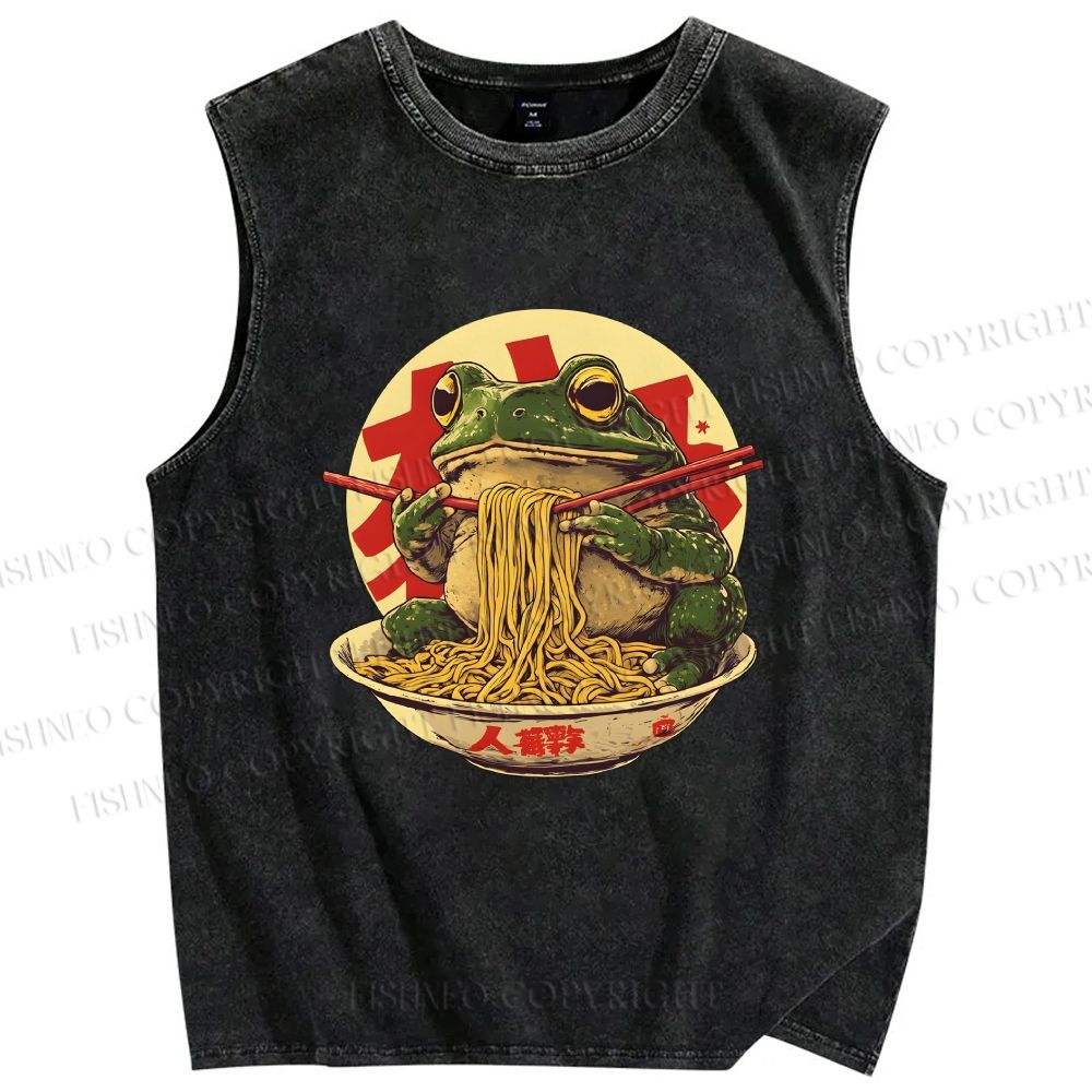 Unisex Ramen Frog Printed Washed Tank Top